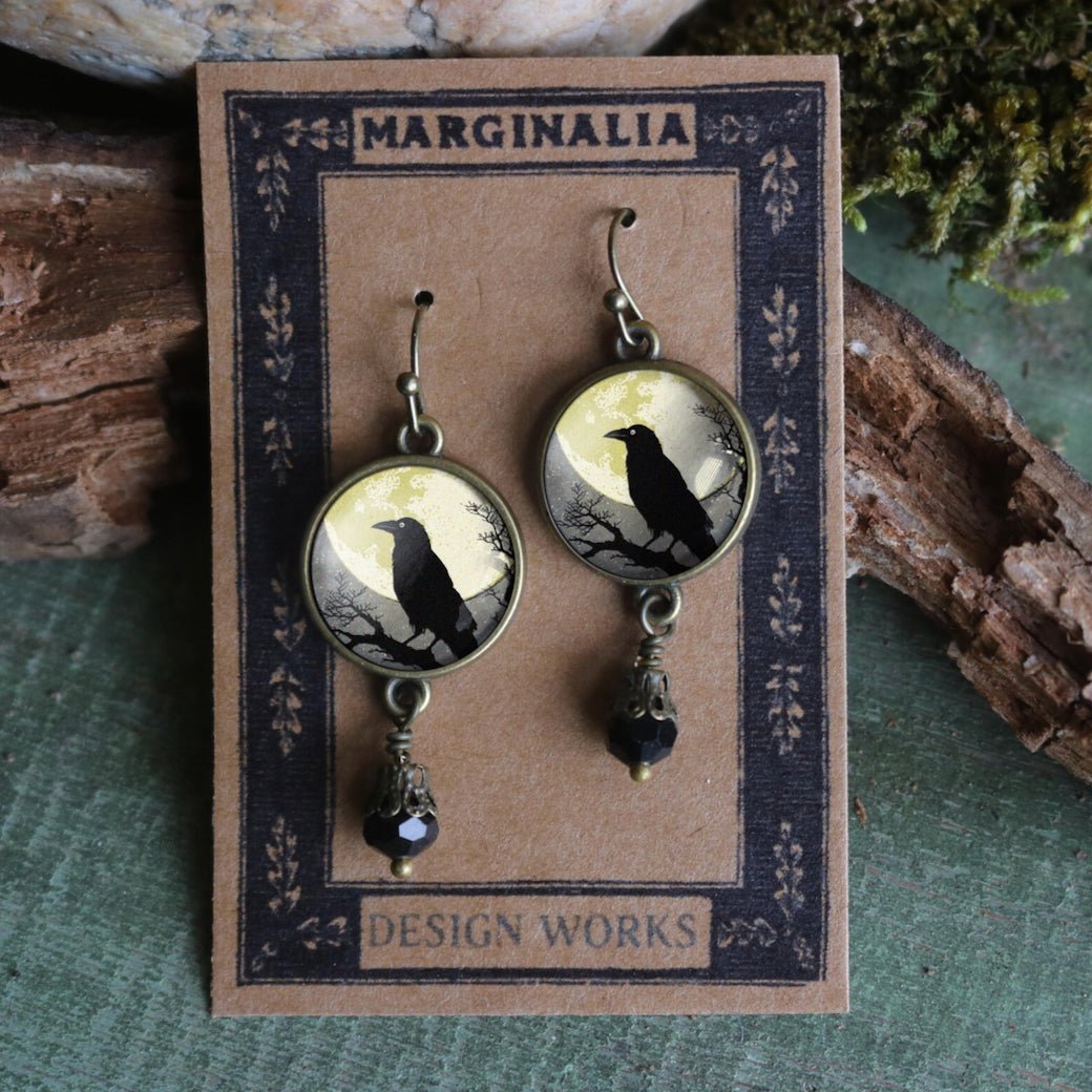 Raven and Full Moon Cottage Core Earrings for Pierced Ears - Marmalade Mercantile