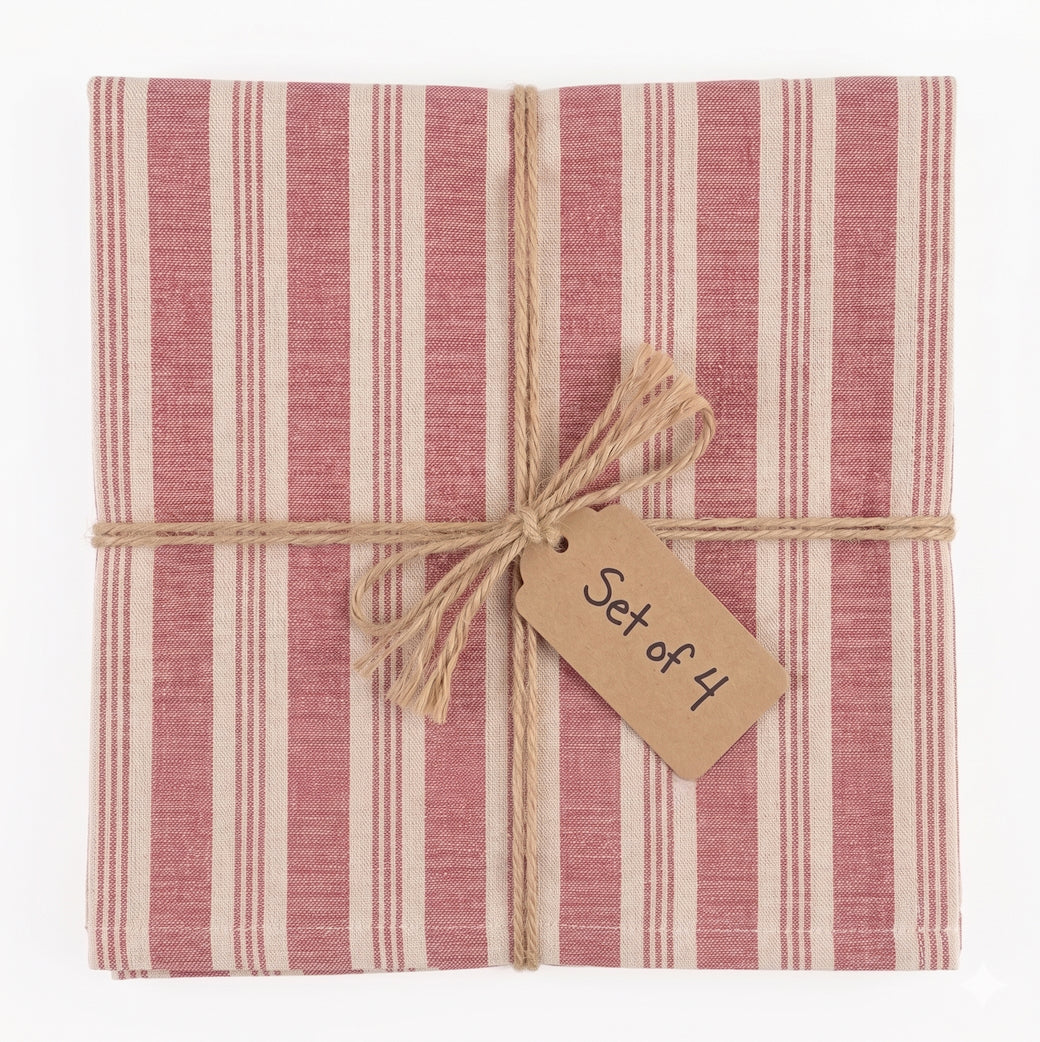 Set of Four Cotton Red Stripe Napkins