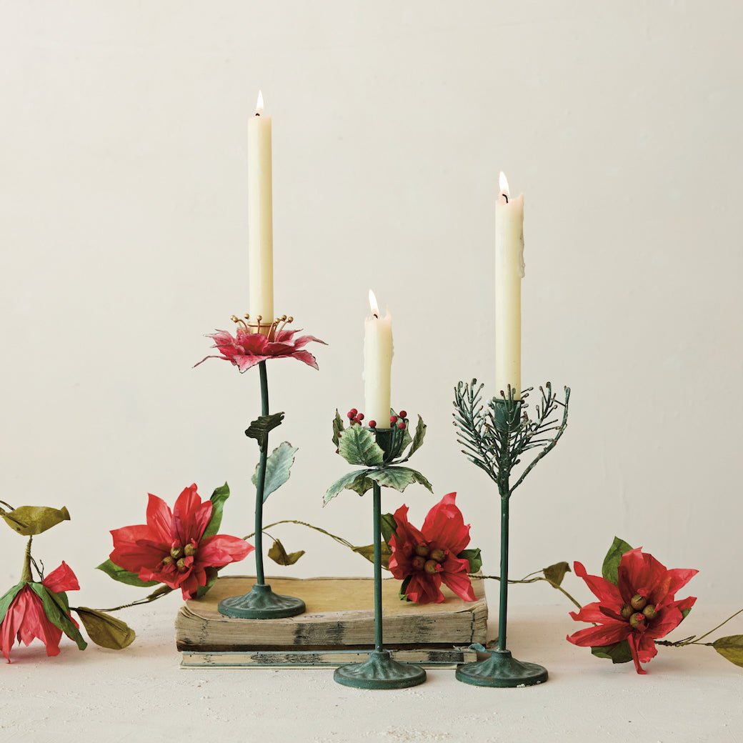 Reproduction Toleware Metal Taper Holders - CHOOSE Pine, Holly or Poinsettia - Marmalade Mercantile