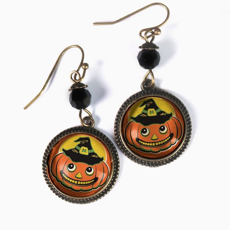 Retro - Style Halloween Jack O Lantern w Black Glass Bead Pierced Earrings - Marmalade Mercantile