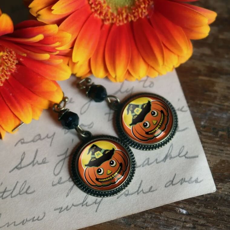 Retro - Style Halloween Jack O Lantern w Black Glass Bead Pierced Earrings - Marmalade Mercantile