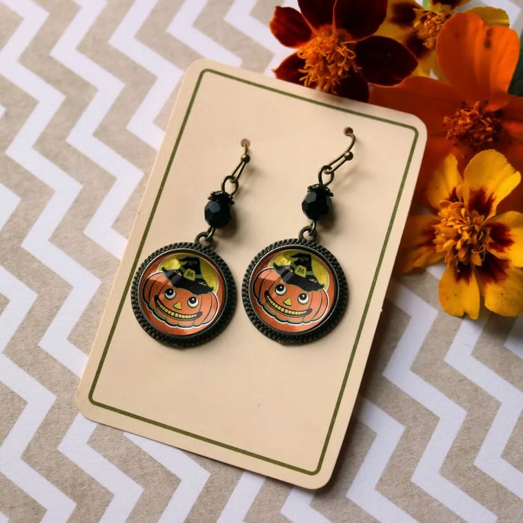 Retro - Style Halloween Jack O Lantern w Black Glass Bead Pierced Earrings - Marmalade Mercantile