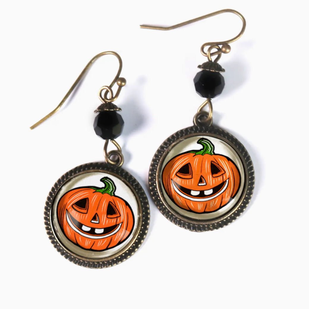 Retro - Style Halloween Jack O Lantern w Black Glass Bead Pierced Earrings - Marmalade Mercantile