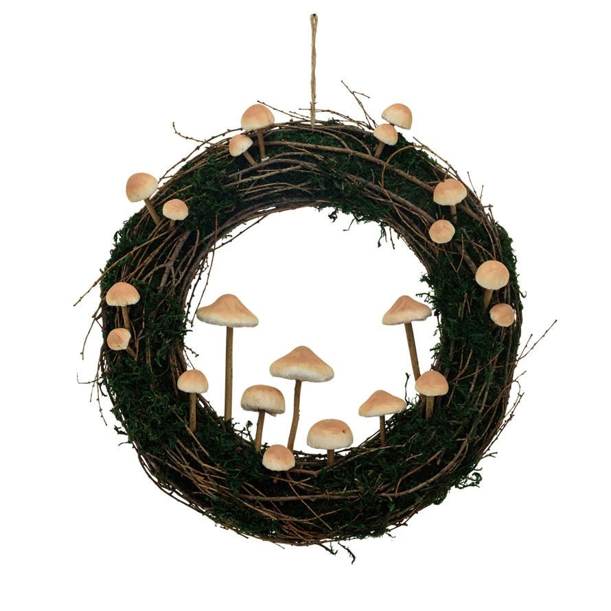 Rustic Twig & Moss Wreath with Foam Mushrooms - Marmalade Mercantile