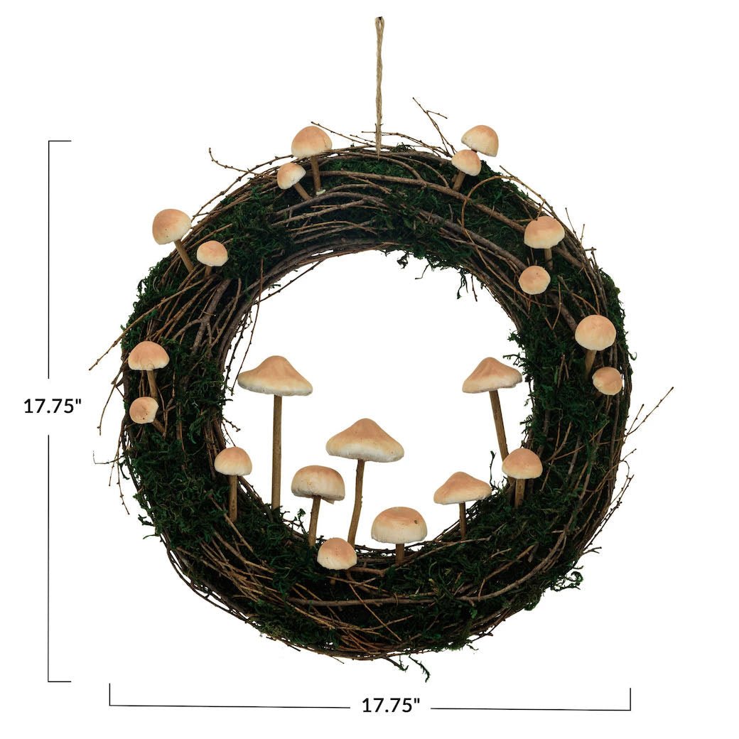 Rustic Twig & Moss Wreath with Foam Mushrooms - Marmalade Mercantile