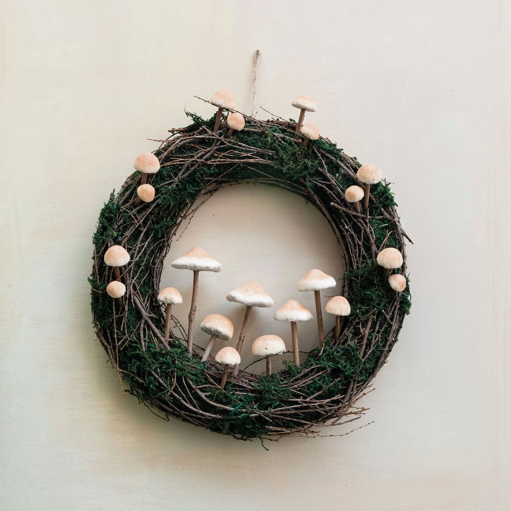 Rustic Twig & Moss Wreath with Foam Mushrooms - Marmalade Mercantile