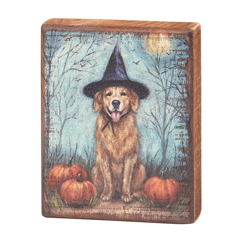 Rustic Wooden Block Sign Dog in Witch Hat - Marmalade Mercantile