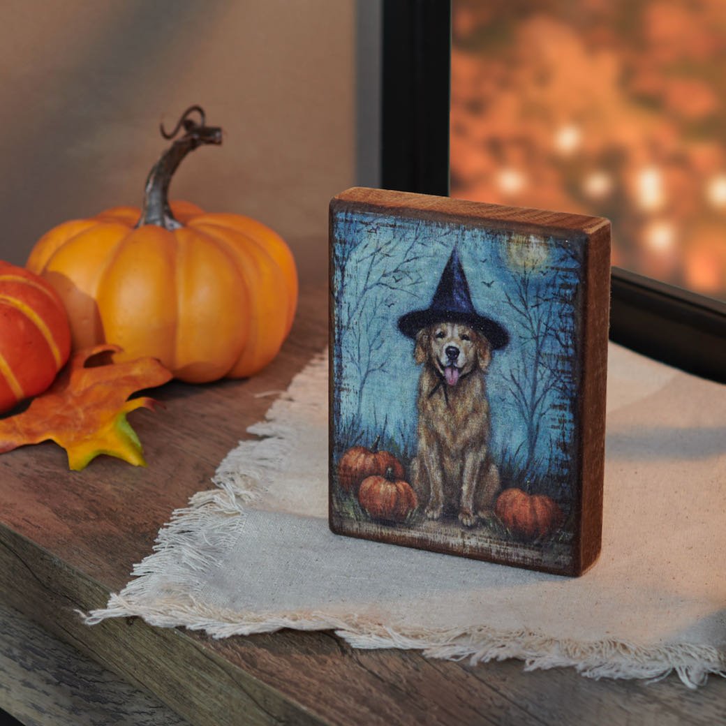 Rustic Wooden Block Sign Dog in Witch Hat - Marmalade Mercantile