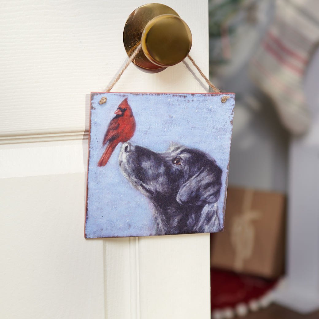 Rustic Wooden Christmas Ornament or Wall Decor Black Lab & Cardinal - Marmalade Mercantile