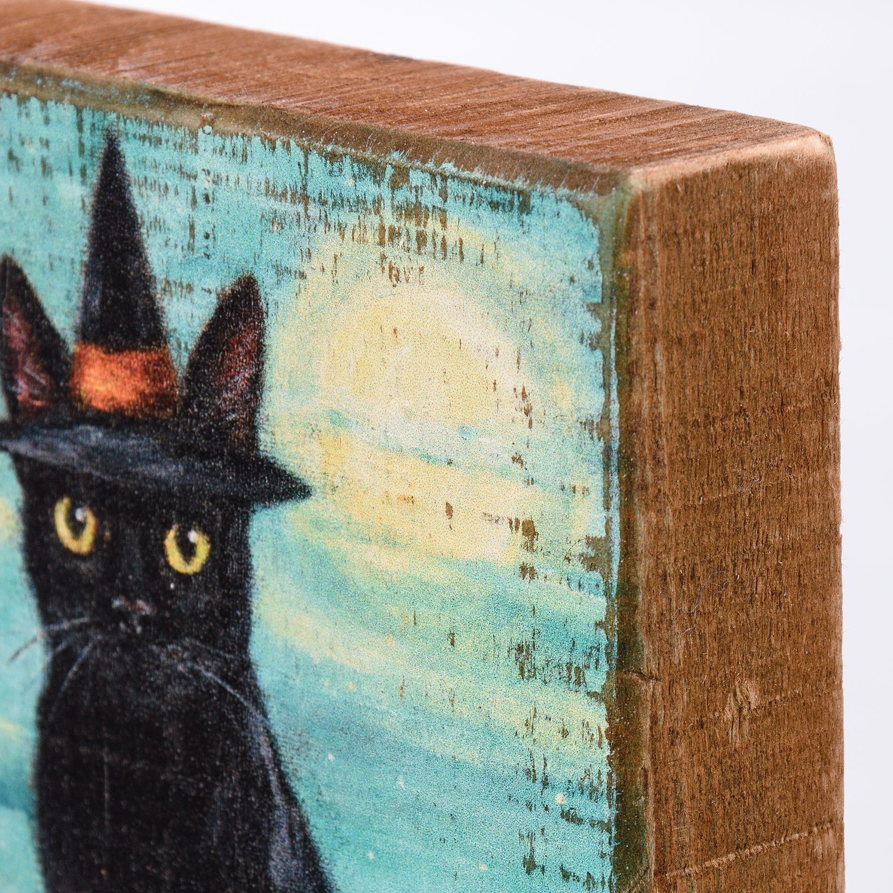 Rustic Wooden Halloween Block Sign Black Cat in Witch Costume - Marmalade Mercantile