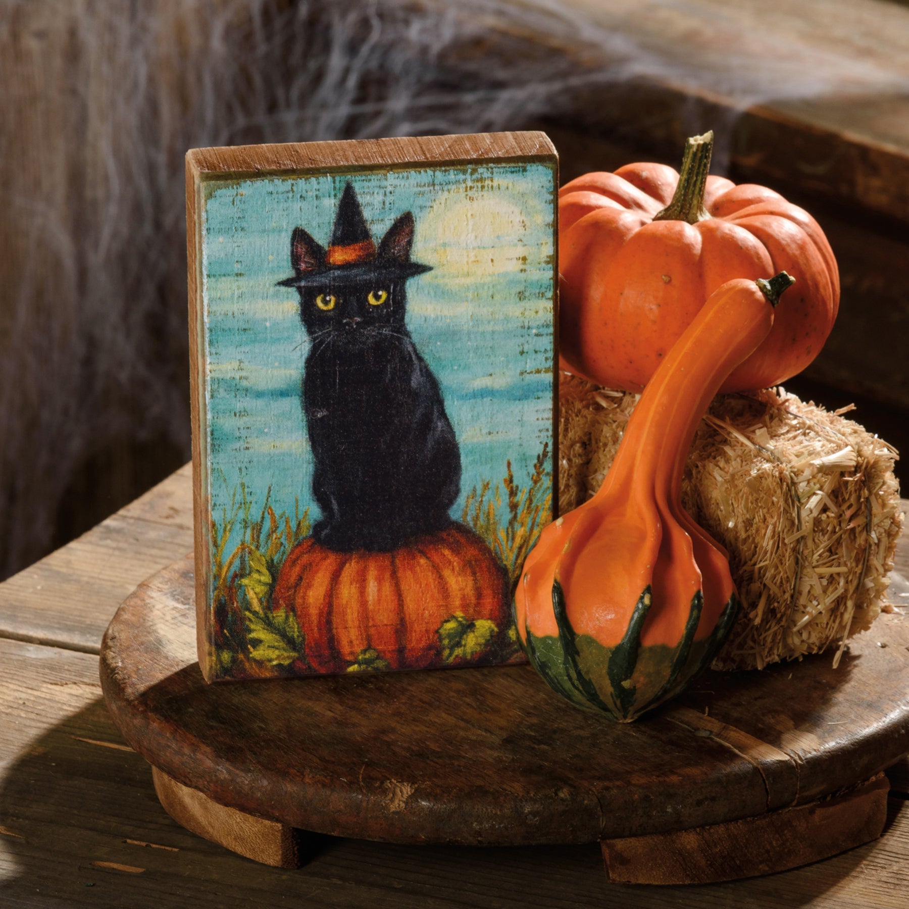 Rustic Wooden Halloween Block Sign Black Cat in Witch Costume - Marmalade Mercantile