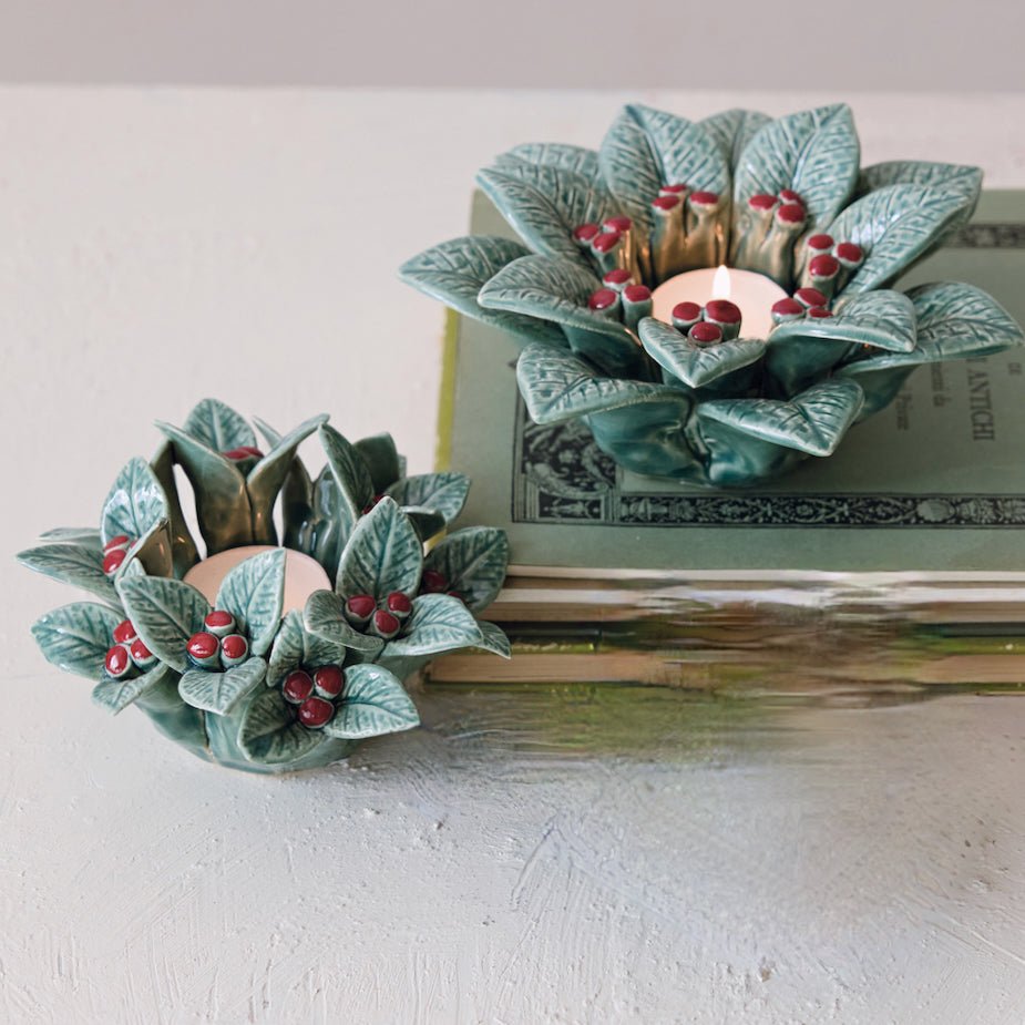 Set of 2 Stoneware Holly Leaves & Berries Tealight Holders - Marmalade Mercantile