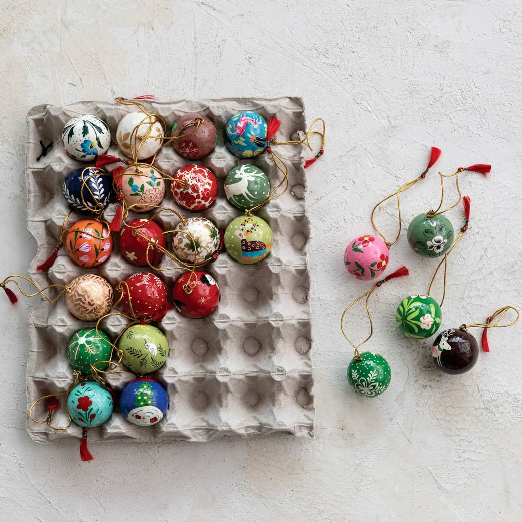 Set of 24 Hand - Made Paper Maché Christmas Ornaments - Marmalade Mercantile