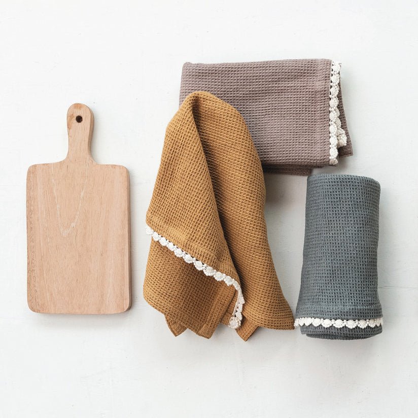 Set of 3 Cotton Waffle Weave Towels w Small Cheese/Cutting Board - Marmalade Mercantile