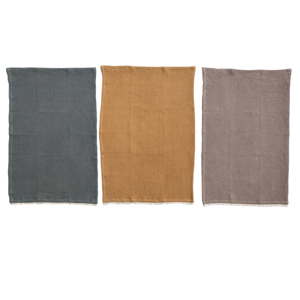 Set of 3 Cotton Waffle Weave Towels w Small Cheese/Cutting Board - Marmalade Mercantile
