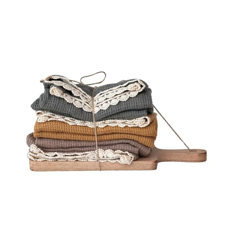 Set of 3 Cotton Waffle Weave Towels w Small Cheese/Cutting Board - Marmalade Mercantile