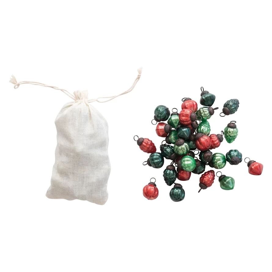 Set of 36 Embossed Glass Mini Ornaments Antiqued Red & Green Color - Marmalade Mercantile