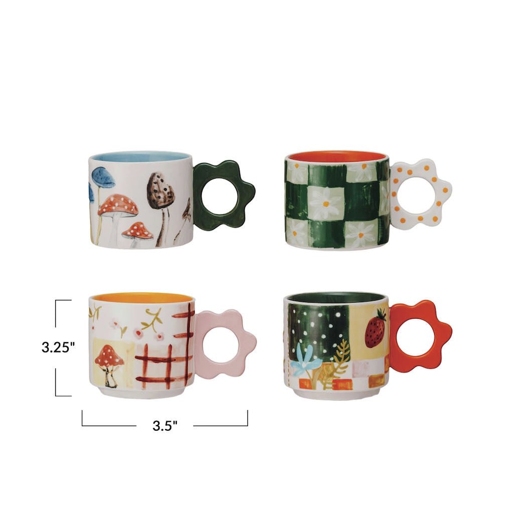 Set of Four 15 oz. Hand - Painted Mugs w Flower Shaped Handles - Marmalade Mercantile