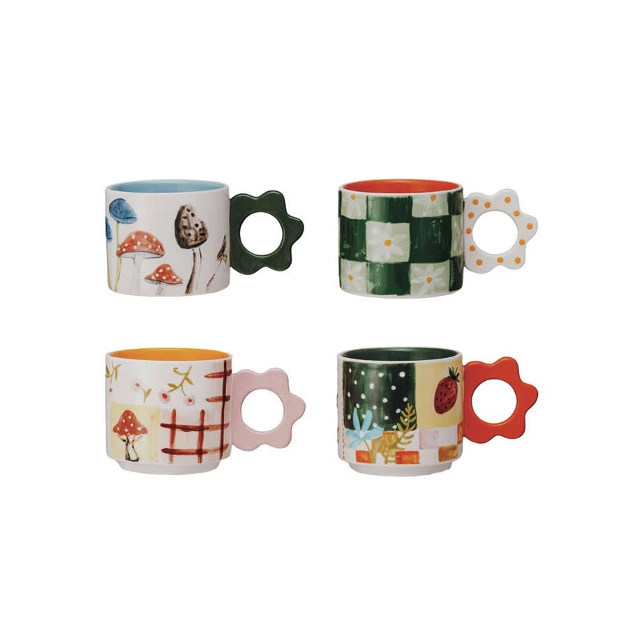 Set of Four 15 oz. Hand - Painted Mugs w Flower Shaped Handles - Marmalade Mercantile