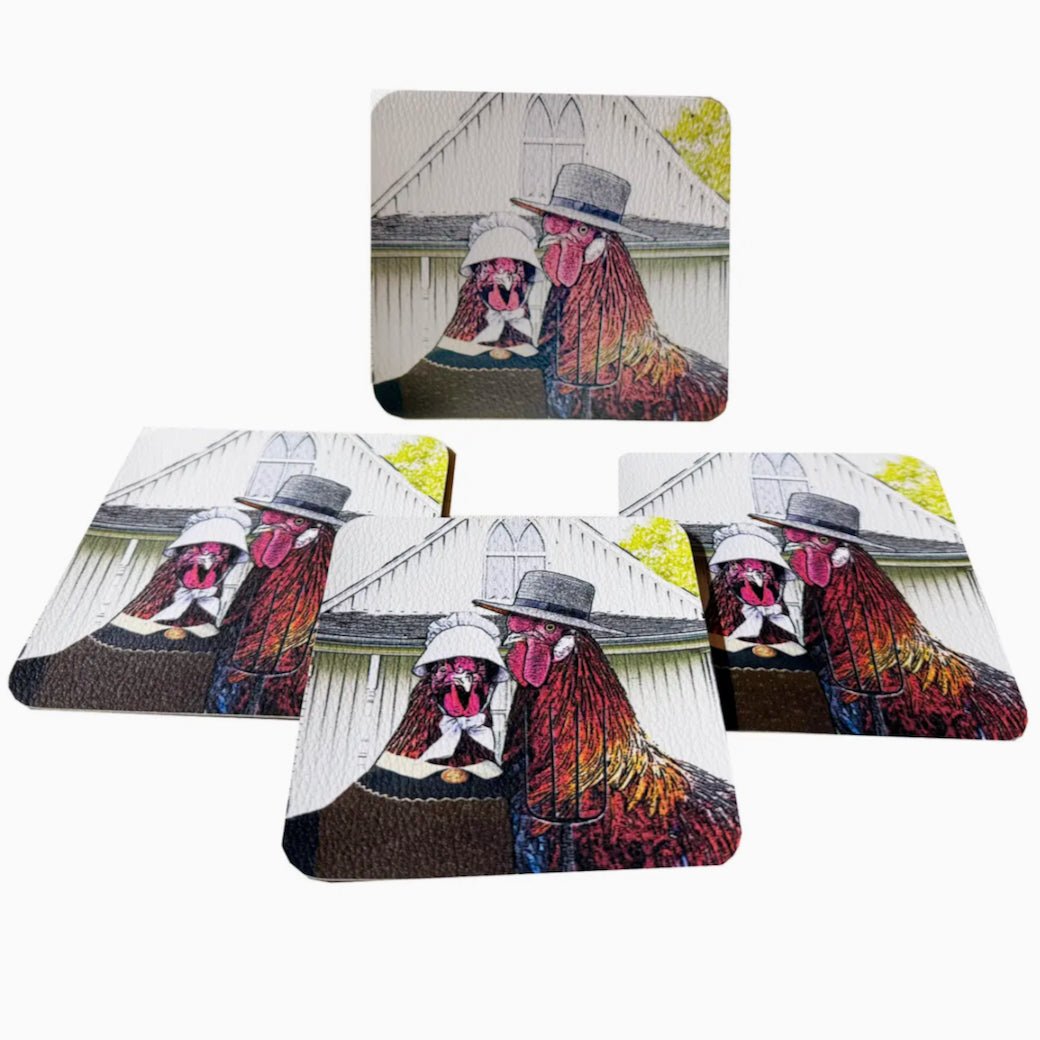 Set of Four Chicken & Rooster Drink Coasters “American Gothic” - Marmalade Mercantile