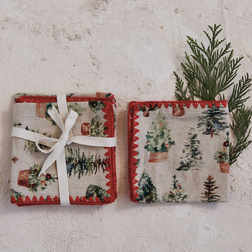 Set of Four Cloth Cocktail Napkins Evergreen Trees Pattern - Marmalade Mercantile