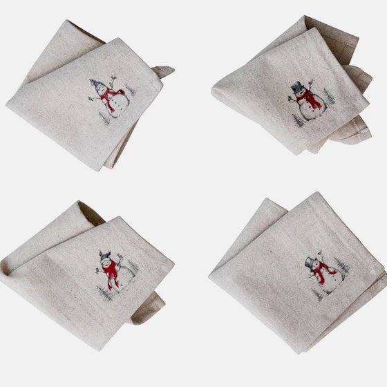Set of Four Cloth Cocktail Napkins with Snowman & Bird - Marmalade Mercantile