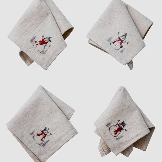 Set of Four Cloth Cocktail Napkins with Snowman & Bird - Marmalade Mercantile