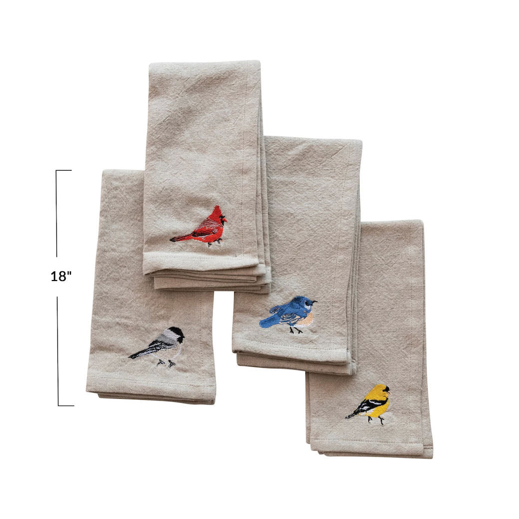 Set of Four Cotton &amp; Linen Blend Napkins with Embroidered Birds - Marmalade Mercantile