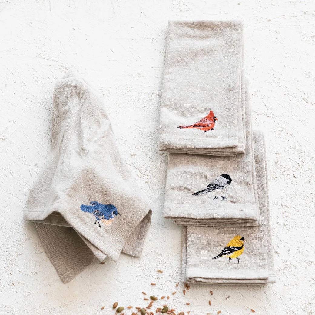 Set of Four Cotton &amp; Linen Blend Napkins with Embroidered Birds - Marmalade Mercantile