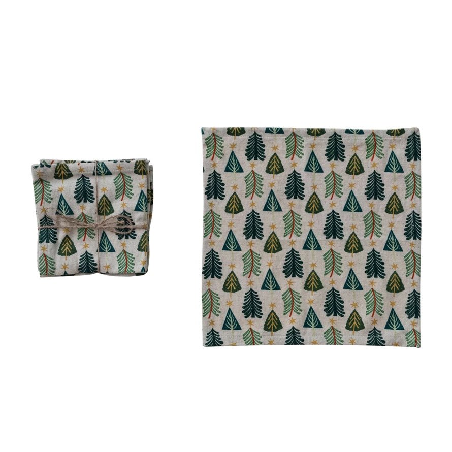 Set of Four Cotton/Linen Printed Cloth Napkins w/ Christmas Tree Pattern 18” - Marmalade Mercantile