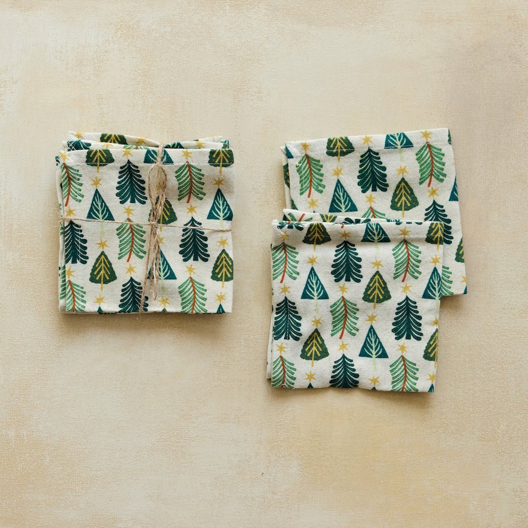 Set of Four Cotton/Linen Printed Cloth Napkins w/ Christmas Tree Pattern 18” - Marmalade Mercantile