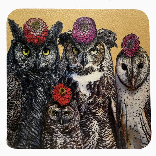 Set of Four Drink Coasters Owls in Flowers Hats - Marmalade Mercantile