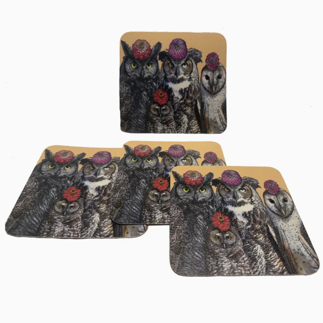 Set of Four Drink Coasters Owls in Flowers Hats - Marmalade Mercantile