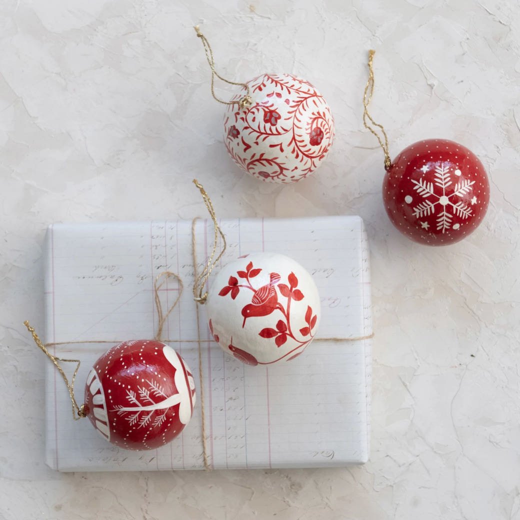 Set of Four Hand - Painted Paper Mache Christmas Ornaments w Scandi Folk Art Pattern - Marmalade Mercantile