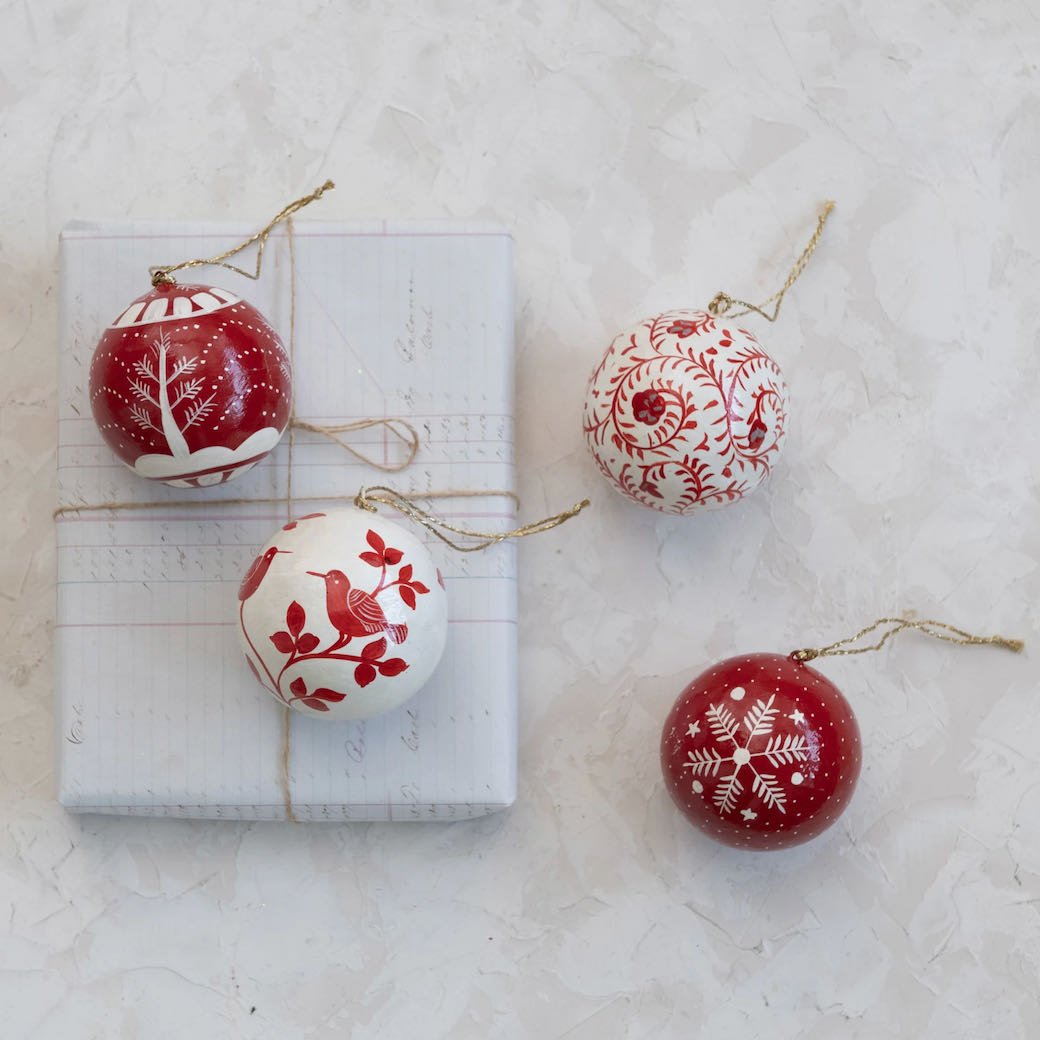 Set of Four Hand - Painted Paper Mache Christmas Ornaments w Scandi Folk Art Pattern - Marmalade Mercantile