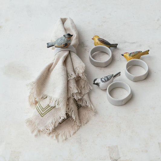 Set of Four Hand - Painted Stoneware Perched Bird Napkin Rings - Marmalade Mercantile