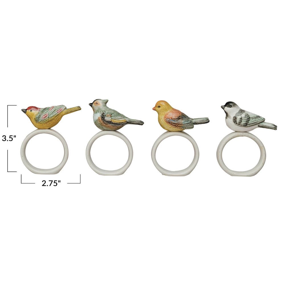 Set of Four Hand - Painted Stoneware Perched Bird Napkin Rings - Marmalade Mercantile