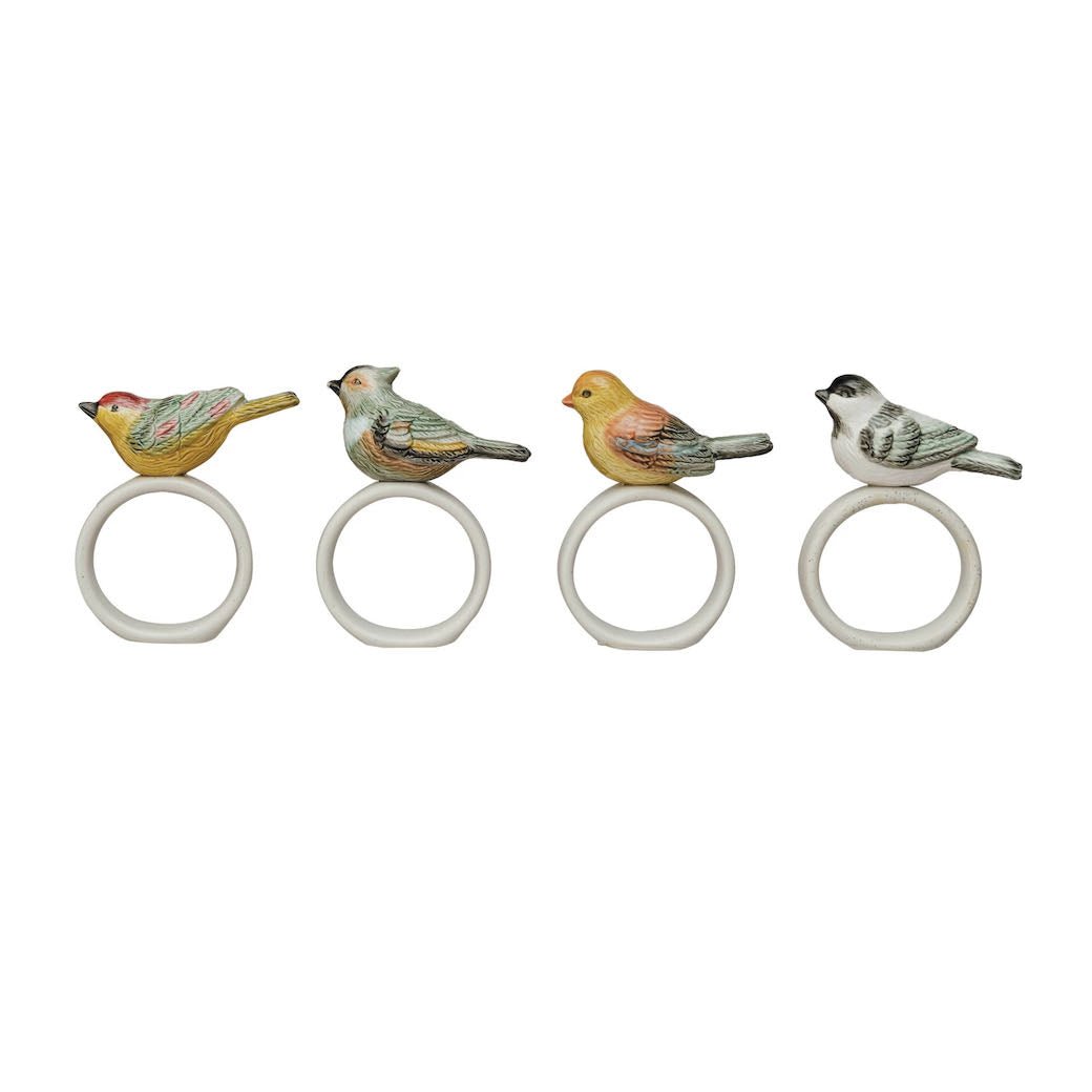 Set of Four Hand - Painted Stoneware Perched Bird Napkin Rings - Marmalade Mercantile