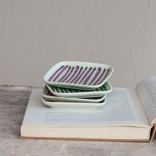 Set of Four Square Hand - Painted Stoneware Tapas Plates w Veggies - Marmalade Mercantile