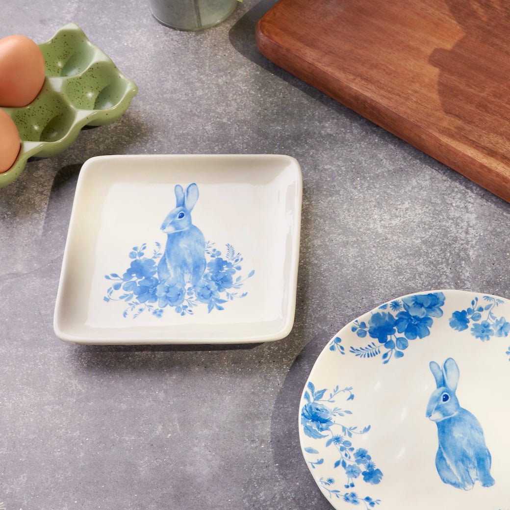 Set of Four Square Tapas Snack Plates Bunny w Flowers - Marmalade Mercantile