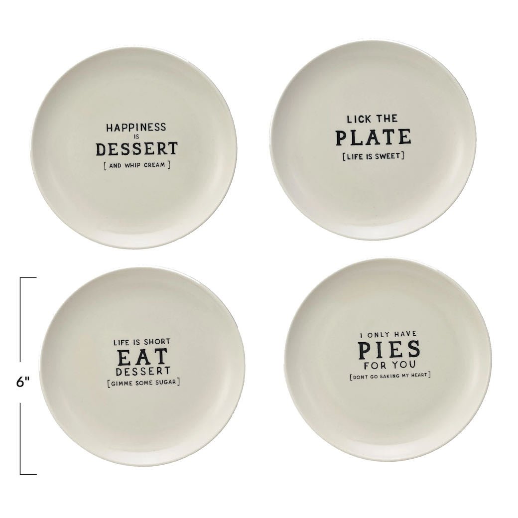 Set of Four Stoneware 6” Dessert Plates with Fun Sayings - Marmalade Mercantile