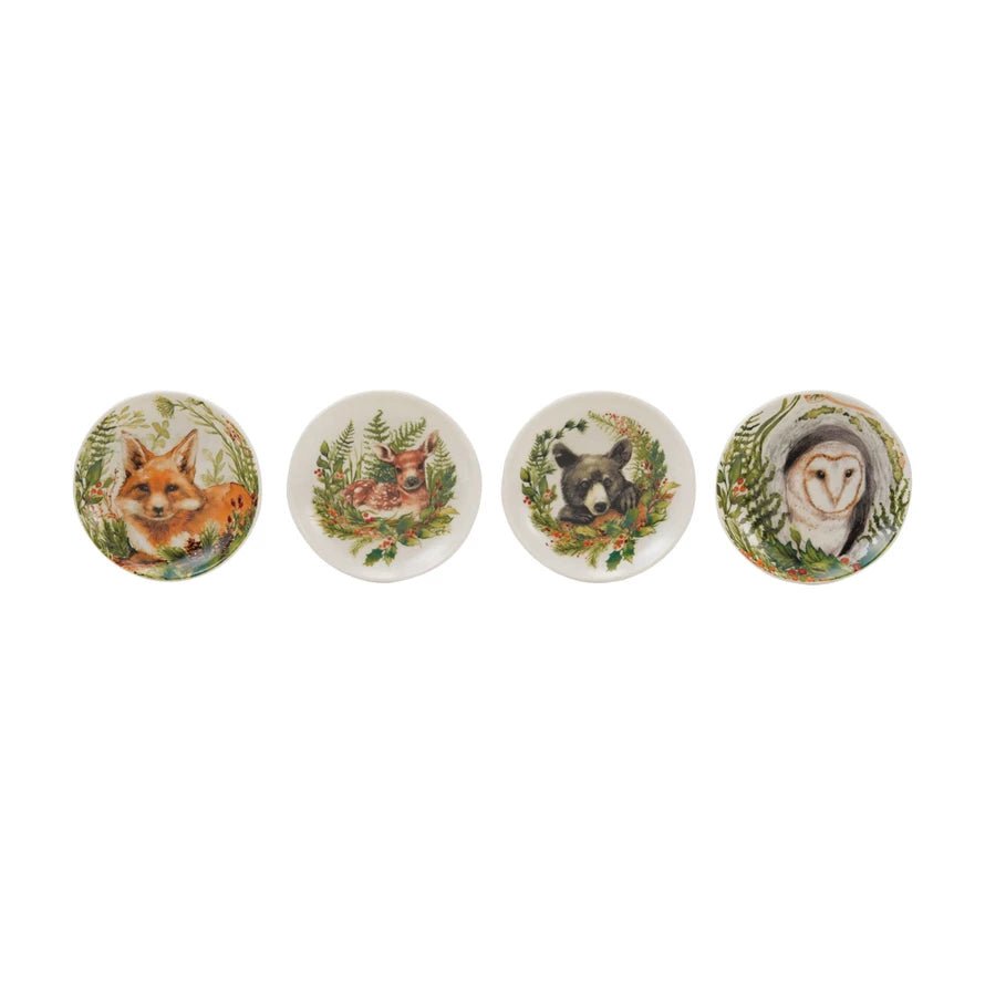 Set of Four Stoneware Dishes w Woodland Animals & Seasonal Botanicals - Marmalade Mercantile