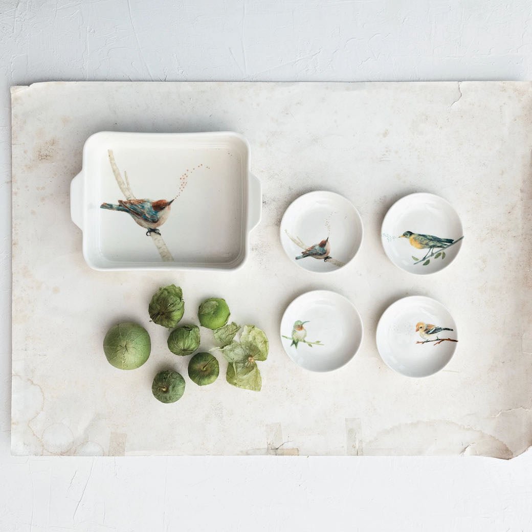 Set of Four Stoneware Mini Dishes with Birds - Marmalade Mercantile