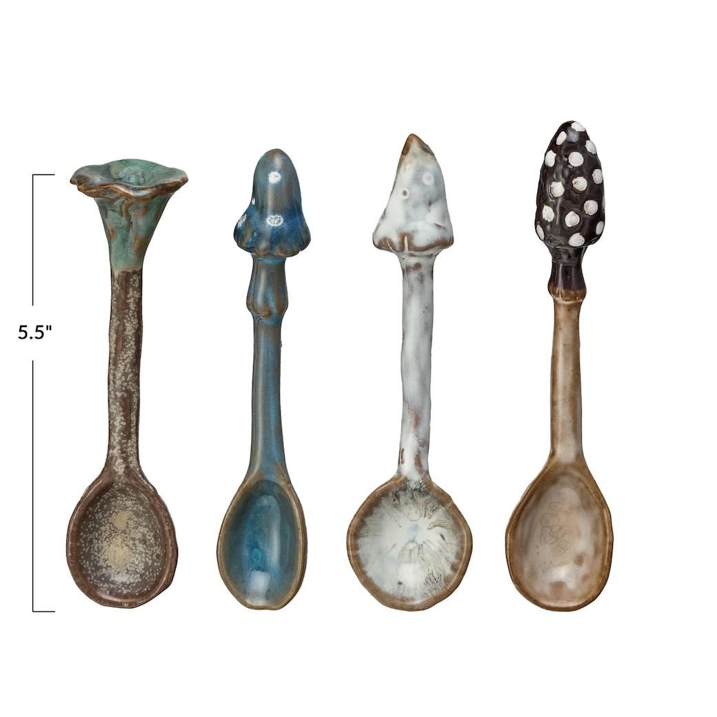 Set of Four Stoneware Spoons w Mushroom Handles - Marmalade Mercantile