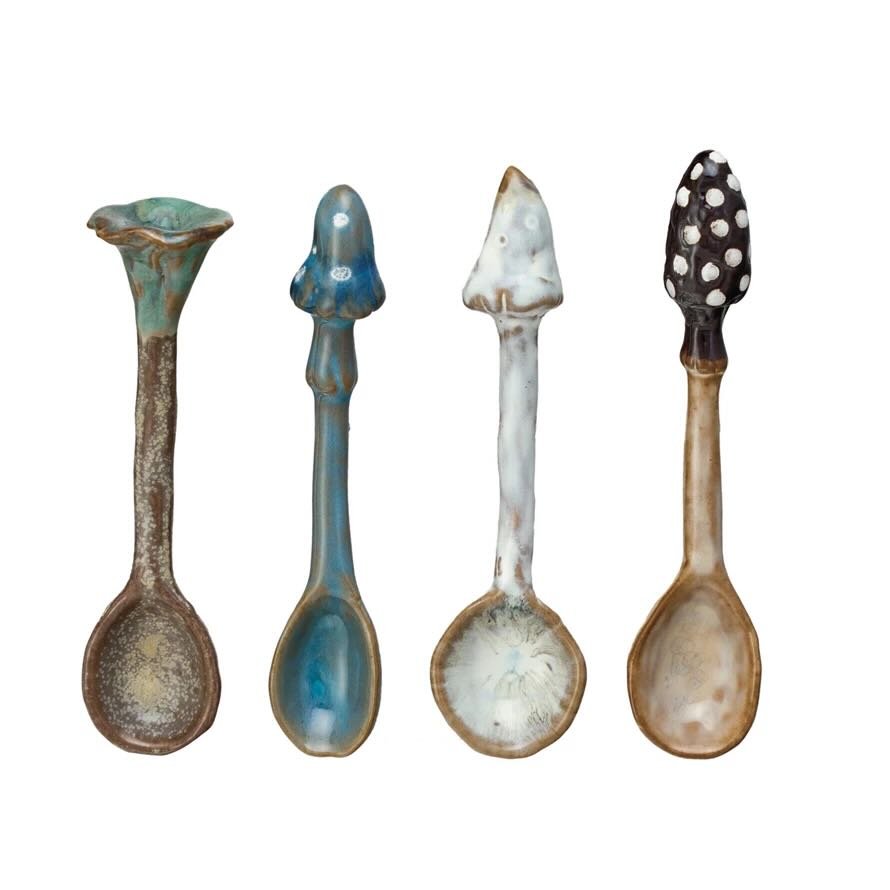 Set of Four Stoneware Spoons w Mushroom Handles - Marmalade Mercantile