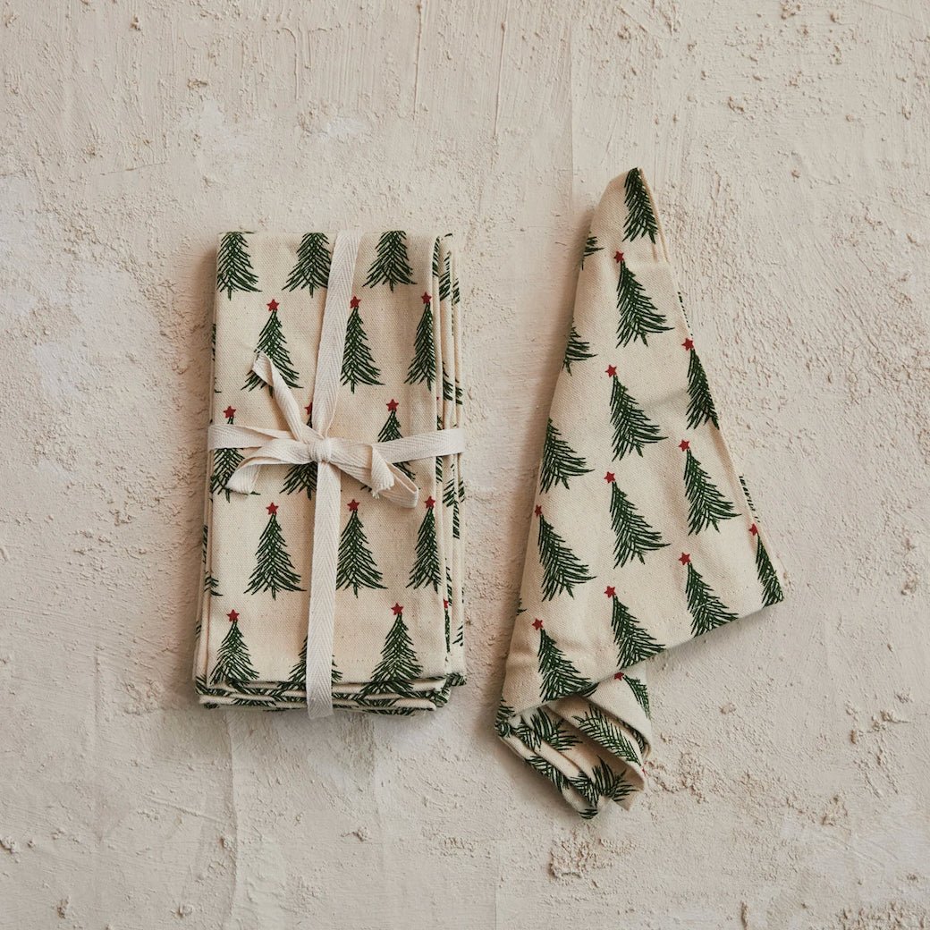 Set of Four Stonewashed Cotton Printed Cocktail Napkins w Tree Pattern - Marmalade Mercantile