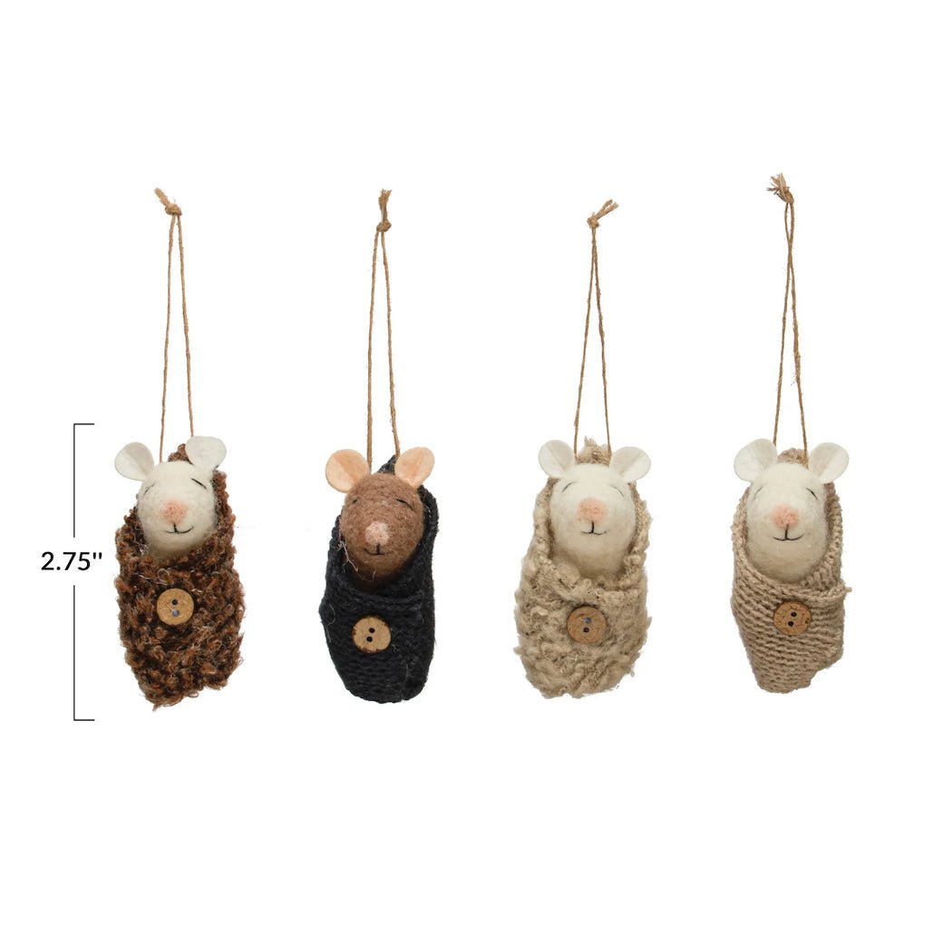 Set of Four Tiny Swaddled Wool Mice Ornaments - Marmalade Mercantile