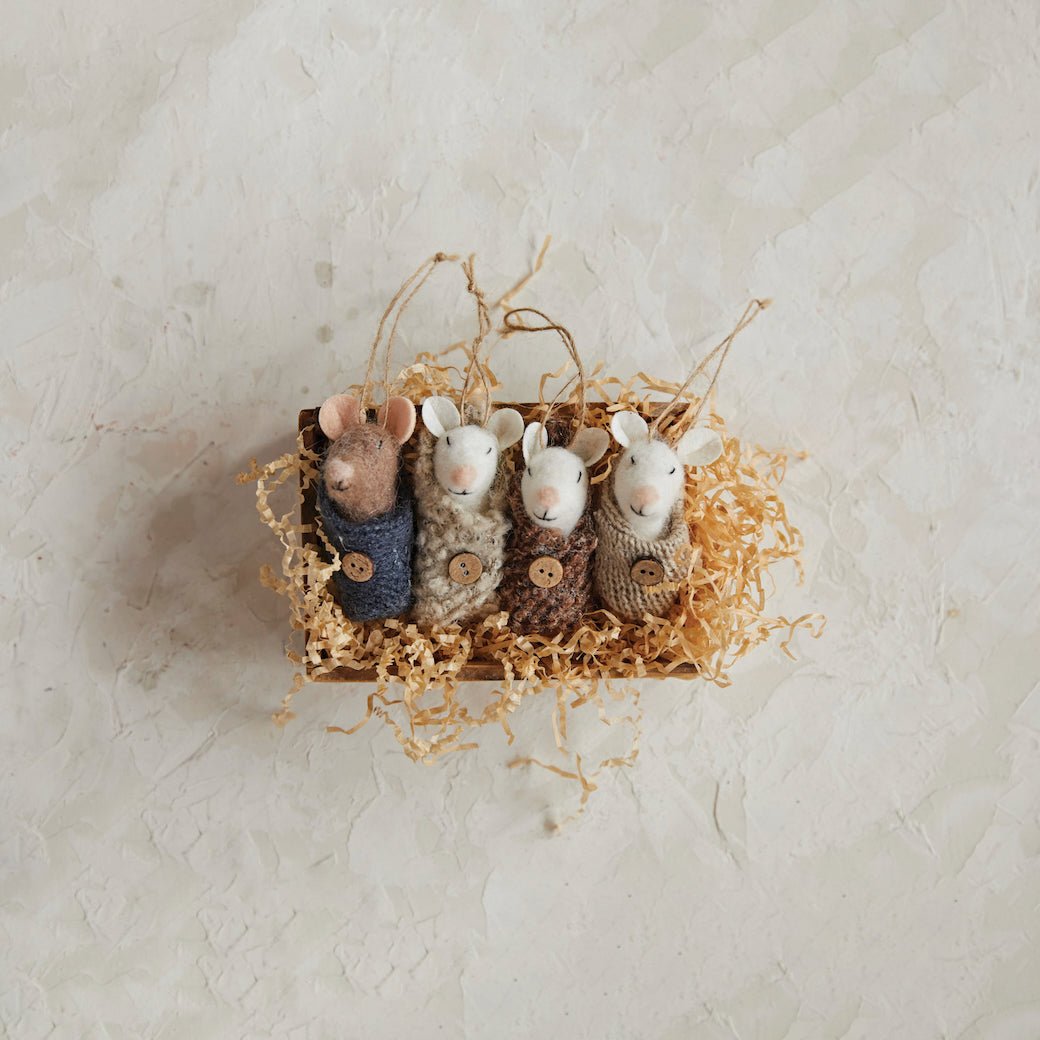 Set of Four Tiny Swaddled Wool Mice Ornaments - Marmalade Mercantile