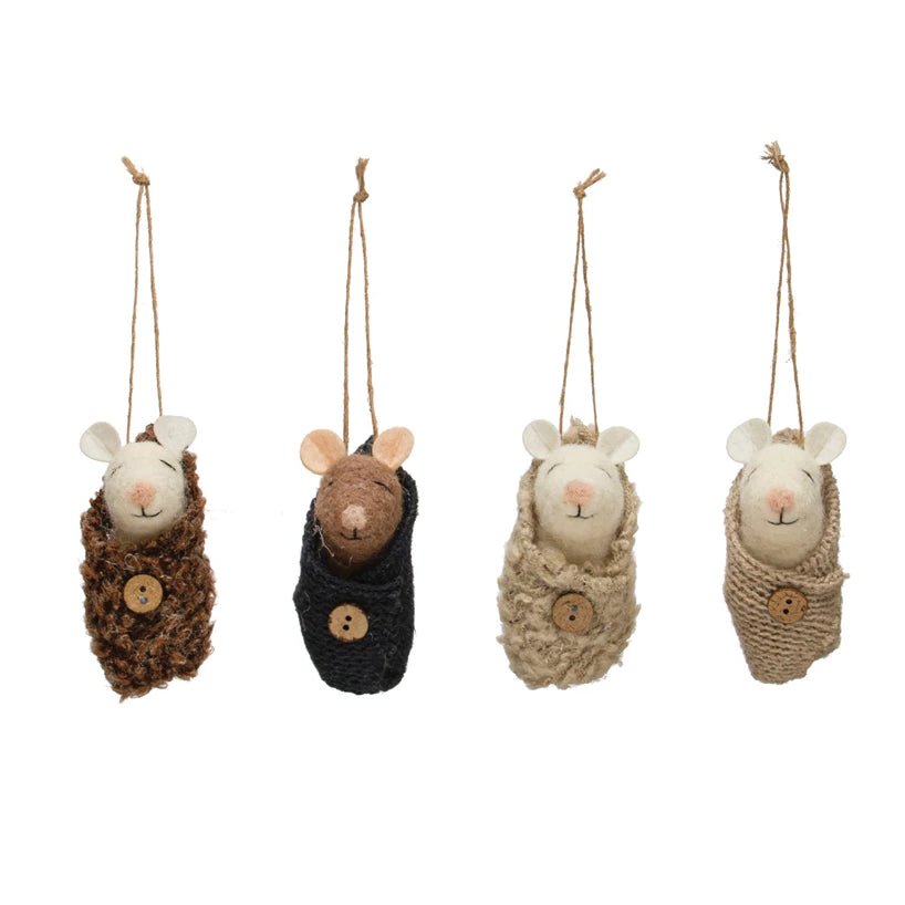 Set of Four Tiny Swaddled Wool Mice Ornaments - Marmalade Mercantile
