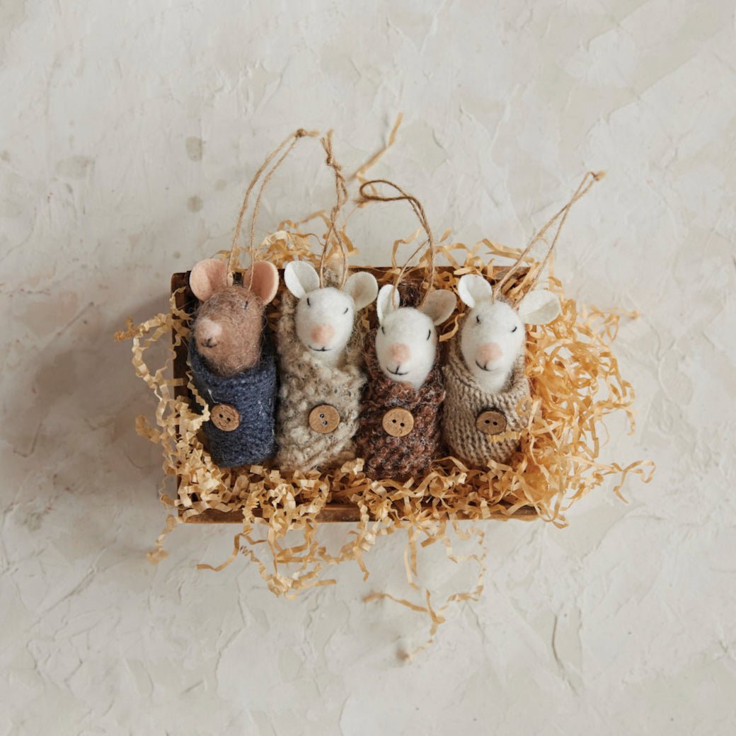 Set of Four Tiny Swaddled Wool Mice Ornaments - Marmalade Mercantile